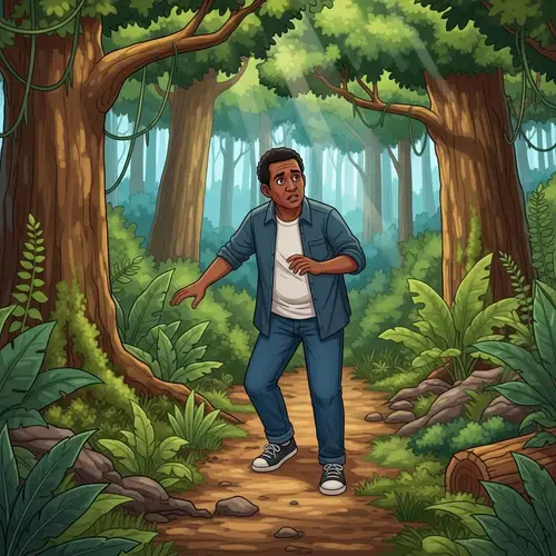 Lost in Dense Forest: Puzzled Middle-Aged Man Illustration