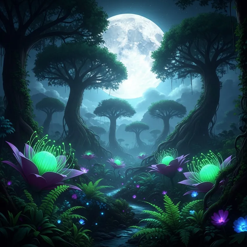 Enchanting Moonlit Forest: Bioluminescent Alien Landscape