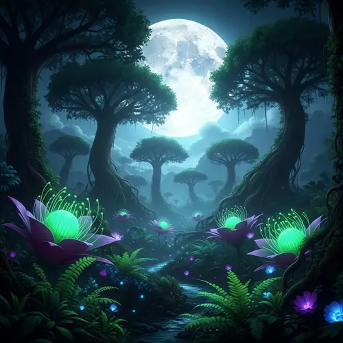 Surreal Moonlit Forest: Enchanting Alien Landscape