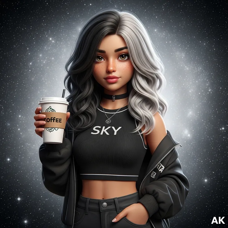 4K 3D Realistic Image of Teenage Girl 'Sky' in Black Crop Top, Galaxy Theme Background