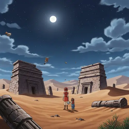 Anime Style Desert Night with Moon, Stars, and Ruins