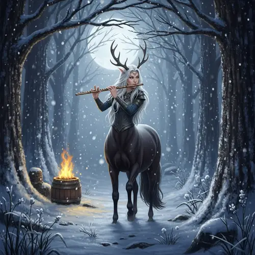 Majestic Female Centaur Playing Flute in Snowy Forest