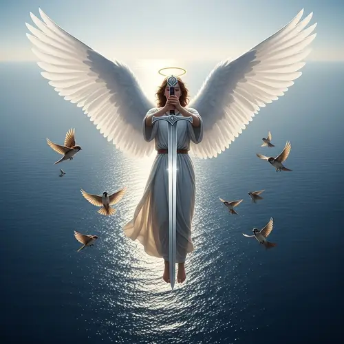 Angel with White Wings and Silver Sword Standing Over Sea