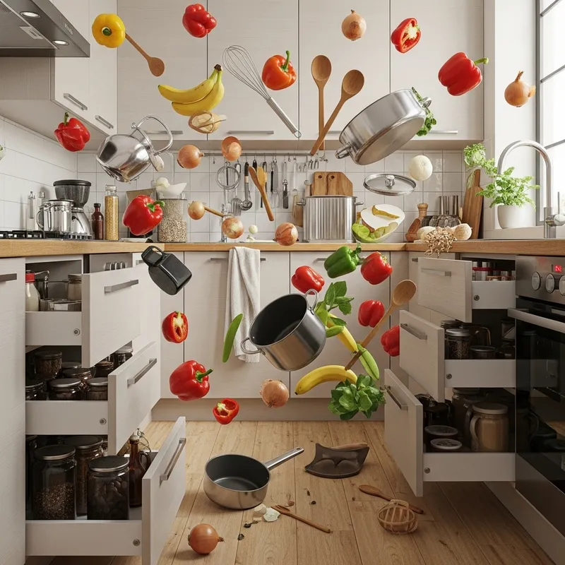 Abstract Kitchen Chaos: Vibrant Ingredients in Motion