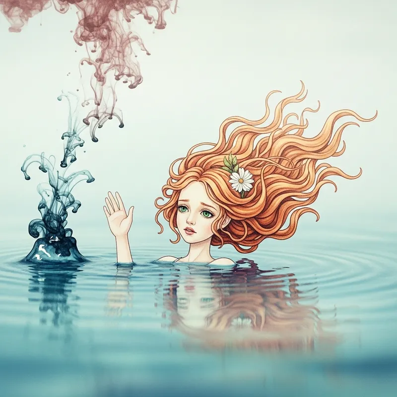 Enchanting Surreal Paper Doll Sinking in Watercolor Scene