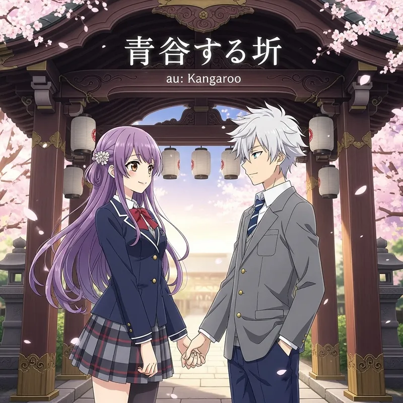 Anime Art: Boy and Girl Holding Hands under Ceremonial Arch