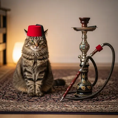 Fluffy Tabby Cat in Fez Hat on Oriental Carpet with Decorative Hookah