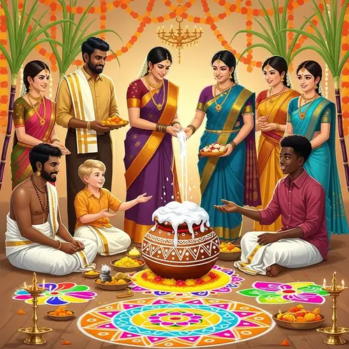 Traditional Pongal Festival Celebration with Colorful Rangoli Patterns