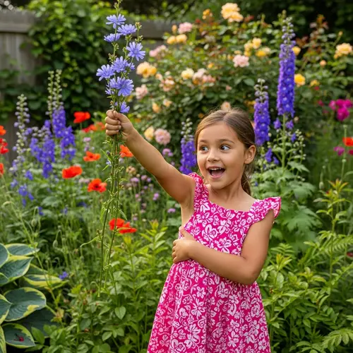 Tan Skinned Girl Holding Chicory Flower in Enthusiastic Garden Display