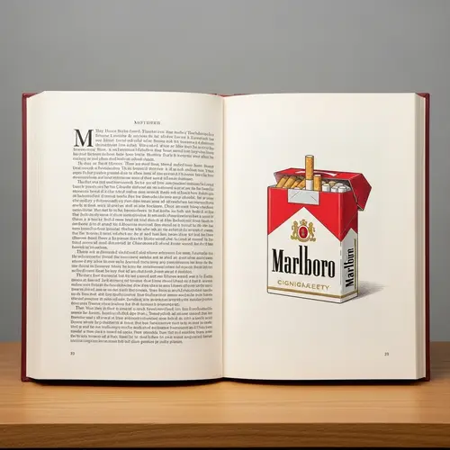 Vintage Book Open on Wooden Table with Marlboro Illustration