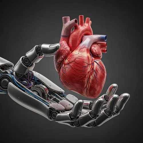 Detailed Mechanical Hand Holding Realistic Human Heart