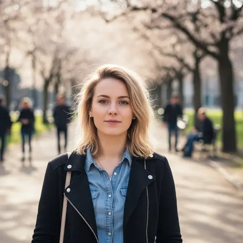 Confident Blonde Woman in Casual Outfit at City Park