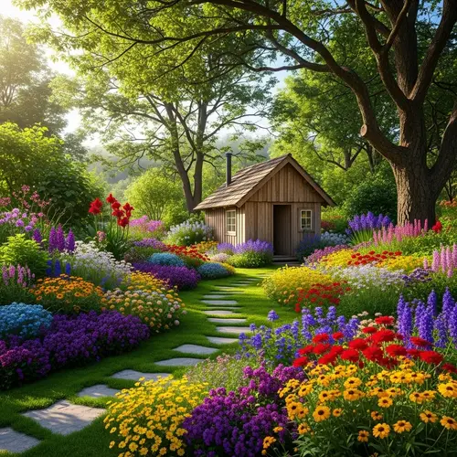 Serene Nature Landscape with Rustic Hut and Abundant Flora