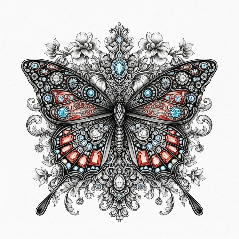 Intricate Butterfly Pattern with Delicate Floral, Jewels, and Baroque Inspiration