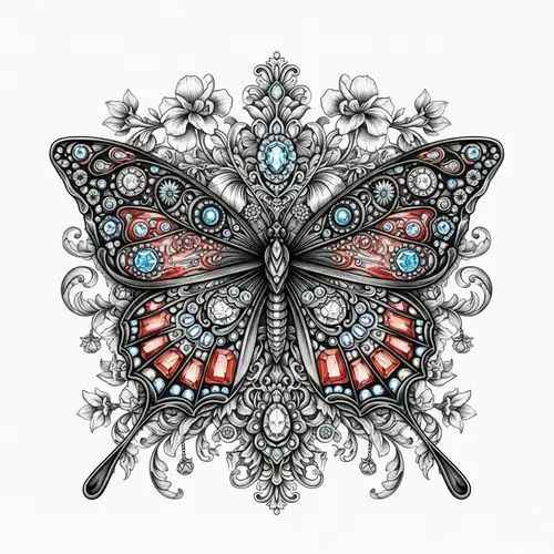Intricate Symmetrical Butterfly Pattern with Floral Patterns and Jewels