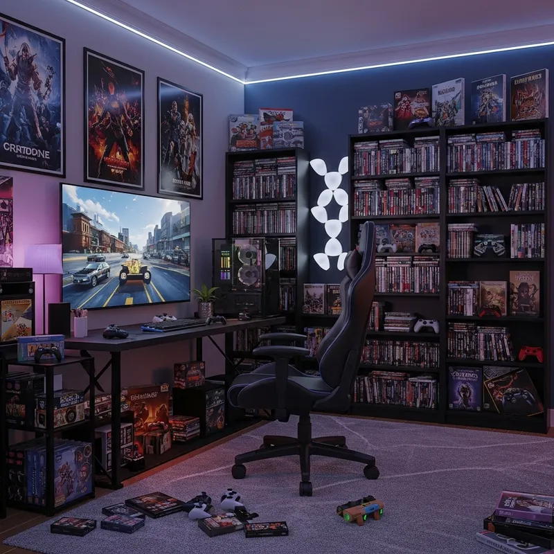 Ultimate Gamer's Paradise: Iconic Video Games, LED Lights & Swivel Chair
