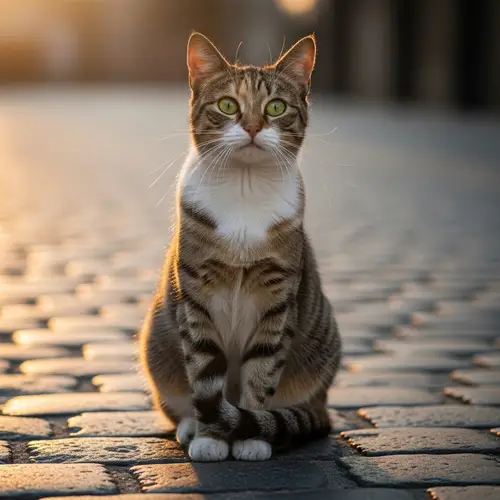 Calico Domestic Shorthaired Cat on Cobblestone Street