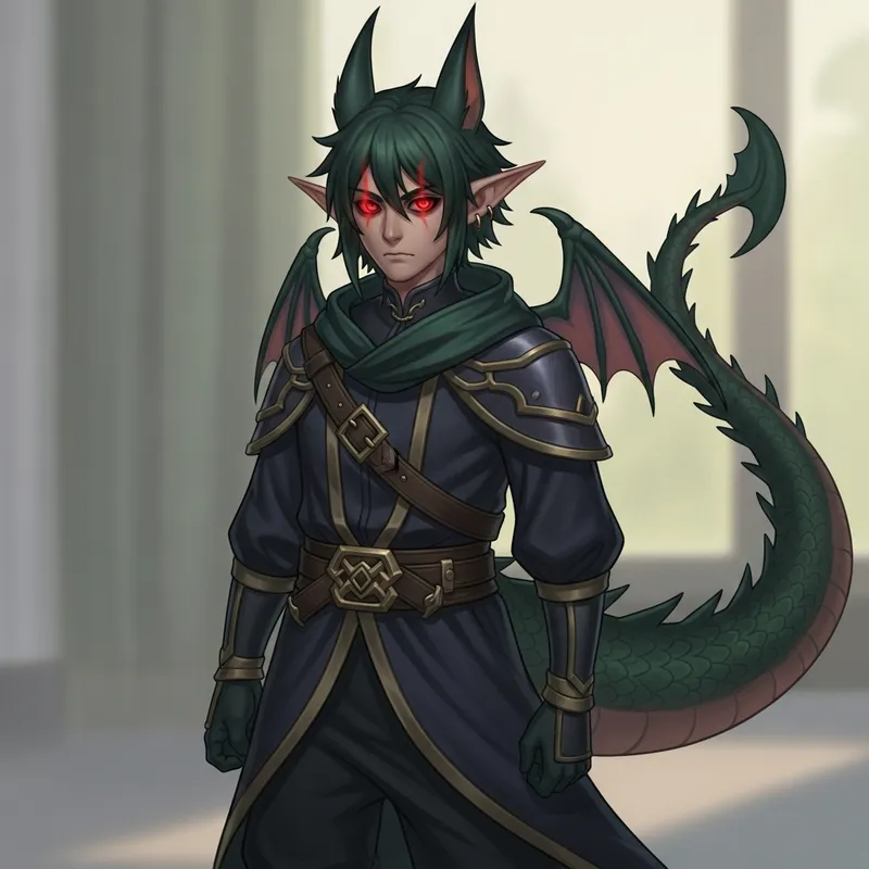 Dark Green Hair Male with Pointy Ears, Red Eyes and Dragon Tail