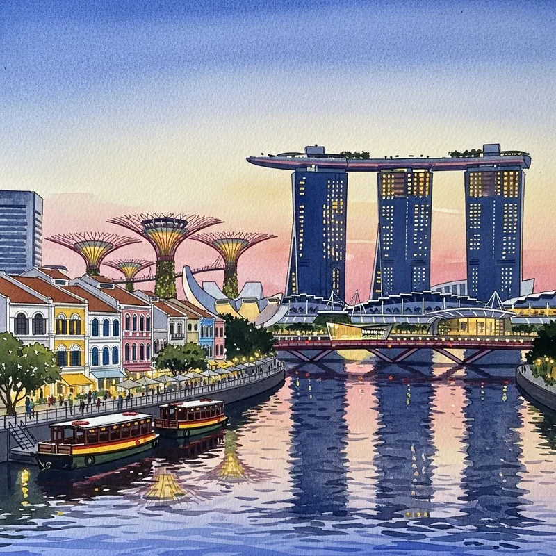 Singapore Cityscape in Watercolor Art | Dynamic Light and Shadow