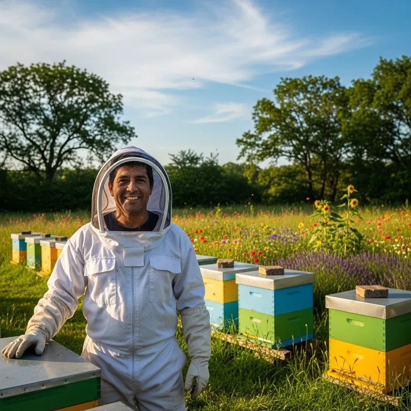 Happy Hispanic Beekeeper in Green Nature | Lush Beehives Background