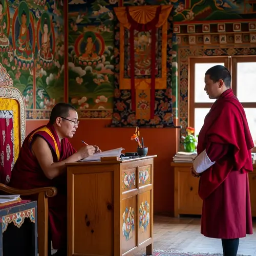 Bhutanese Monk Judging Scene in Tranquil Temple Interior