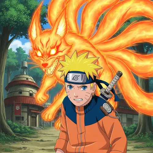 Naruto - Young Ninja with Nine-Tailed Fox in Oriental Village