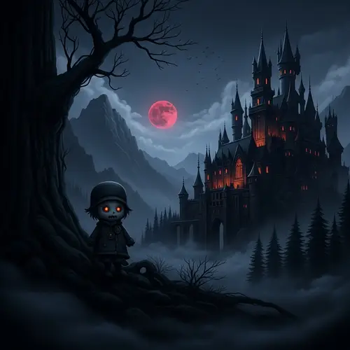 Dark Fantasy Castle & Blood Moon: Eerie Gothic Scene