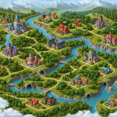Fantasy Universe Design with Metropolitan Areas, Rural Villages, and Lush Forests