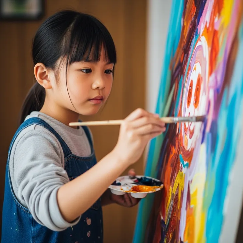 Vibrant Colors: Japanese Girl Painting with Artistic Determination