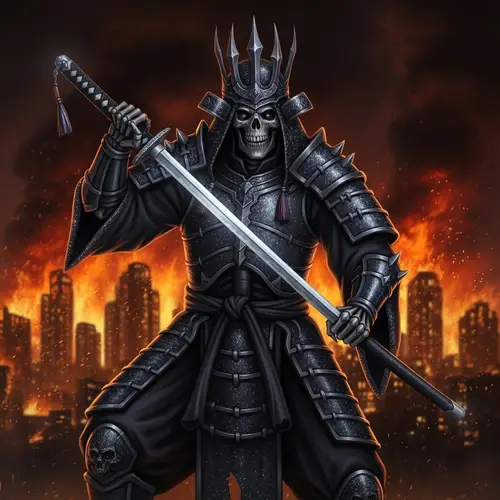 Black Samurai Skeleton Warrior - Dystopian Cityscape Scene