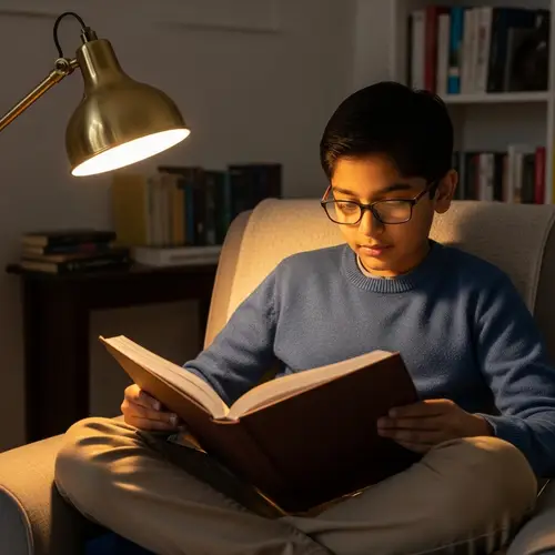 Smart South Asian Boy Reading in Cozy Room