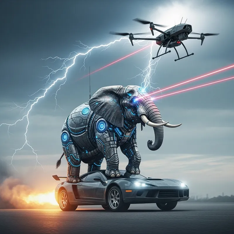Cyborg Elephant Riding Rocket Car Shoots Laser in 3D