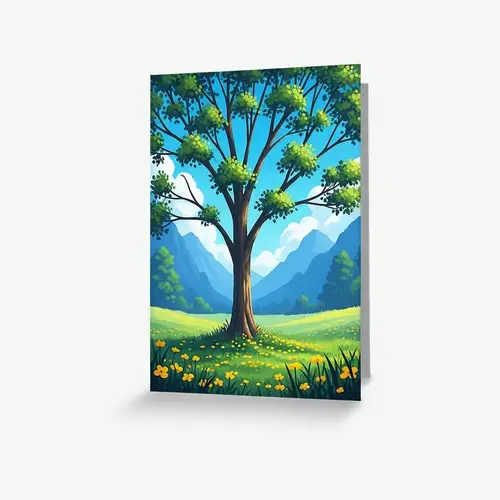 Tranquil Landscape Painting with Large Tree & Meadow