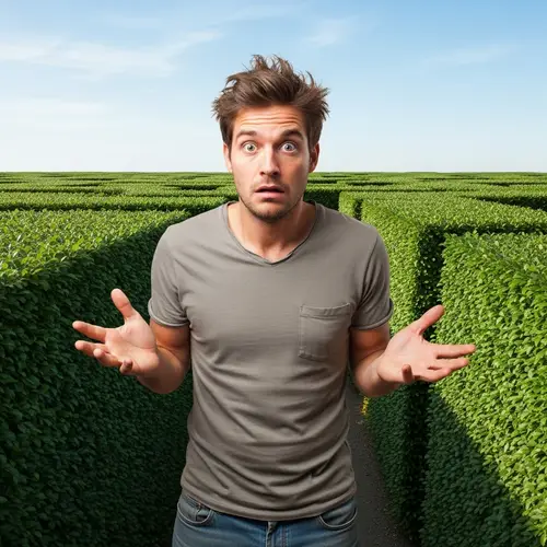 Confused Man Lost in Maze - Surreal Portrait Photo