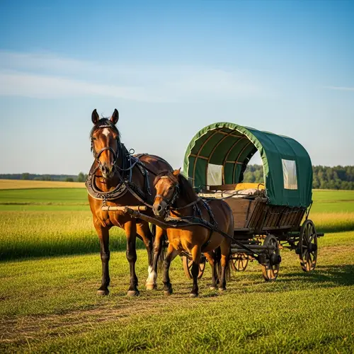 Majestic Horse and Playful Pony Pulling Rustic Cart