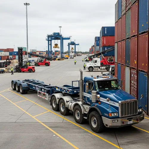 Industrial Truck in Logistics Terminal with Stacked Shipping Containers