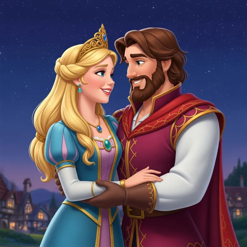 Enchanting Fairy Tale Moment: Blonde Woman & Brunette Man Embracing in Magical Fantasy Scene Enchanting Fairy Tale Moment: Blonde Woman & Brunette Man Embracing in Magical Fantasy Scene