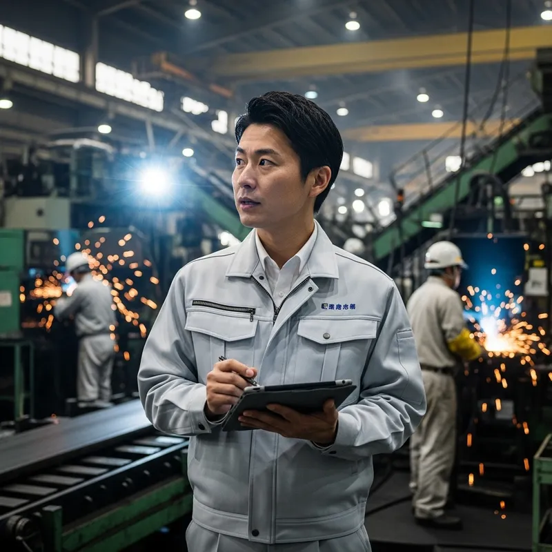 Traditional Japanese Corporate Consultant Investigating Factory Traditional Japanese Corporate Consultant Investigating Factory