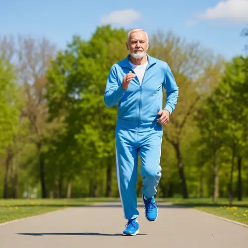 Energetic Elderly Man Sprinting in Blue Tracksuit