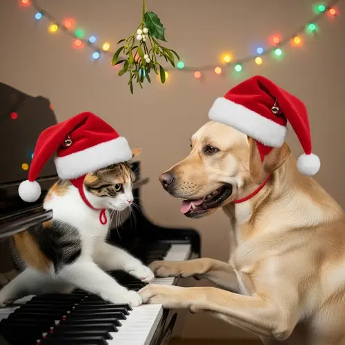Festive Cat and Dog Piano Duet | Christmas Hats | Multicolored Lights