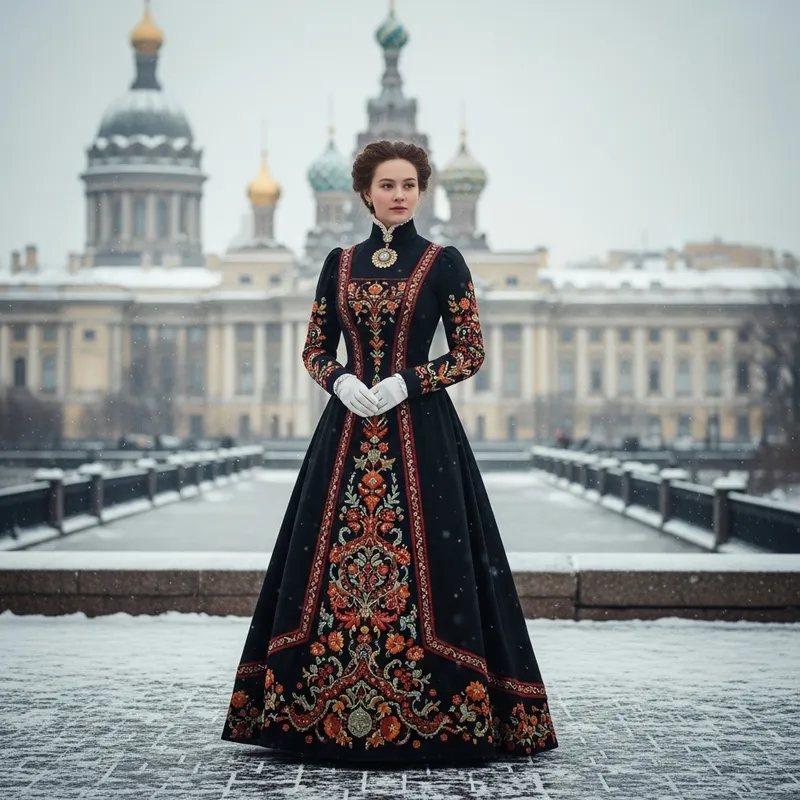 Russian Folklore Inspired Evening Dress in Saint Petersburg, 19th Century Russian Folklore Inspired Evening Dress in Saint Petersburg, 19th Century