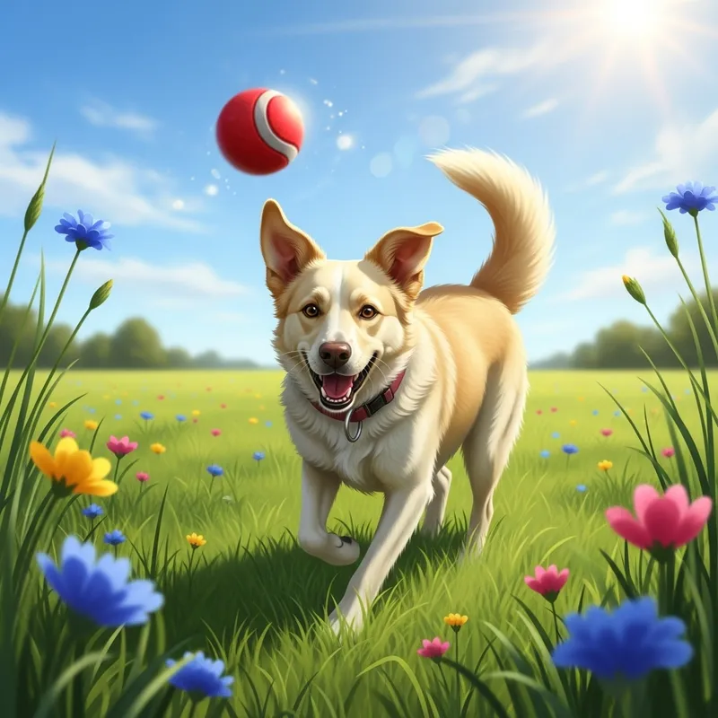 Happy Cream Dog Playing in Vibrant Green Field