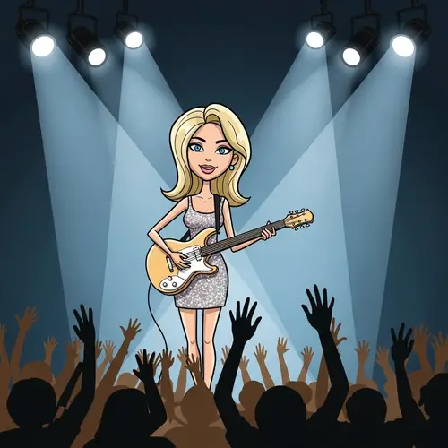 Cartoon Woman with Guitar On Stage | Sparkly Dress & Blonde Hair