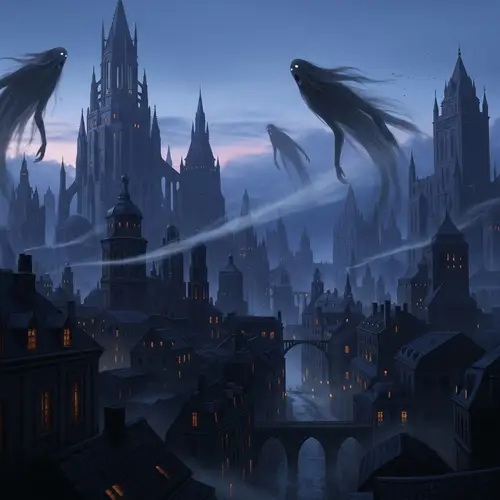 Mystical Gothic City Twilight Scene with Ethereal Figures