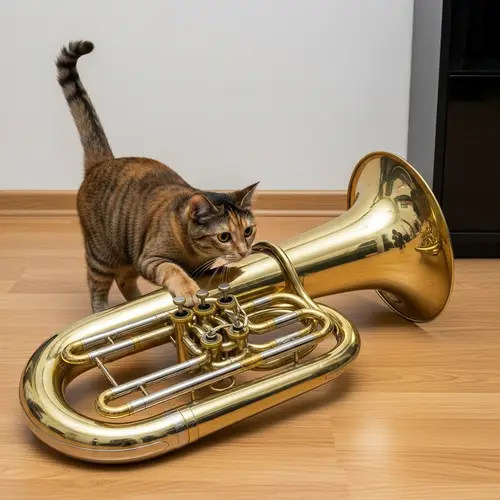 Curious Cat Meets Shiny Brass Tuba: A Playful Encounter