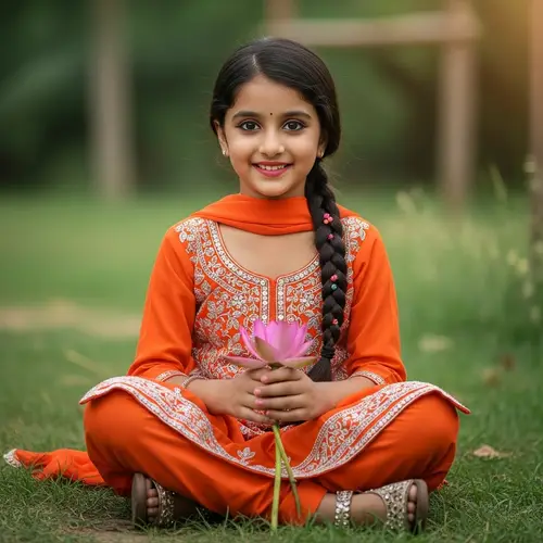 Young Indian Girl in Vibrant Outfit Holding Lotus Flower
