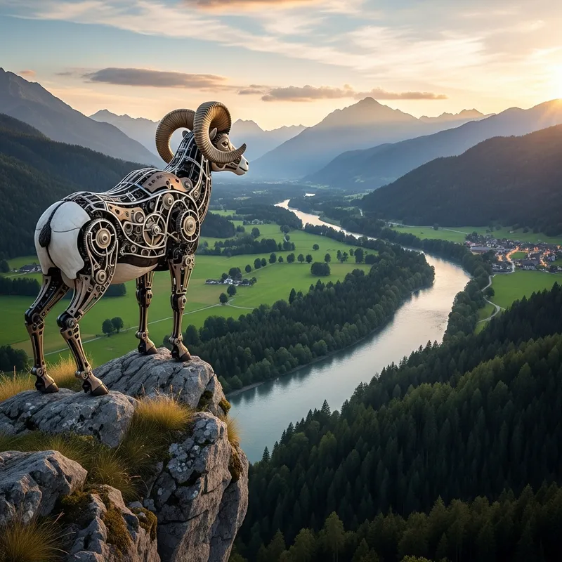 Realistic Mechanical Big Horn Sheep Gazing Over Serene Landscape