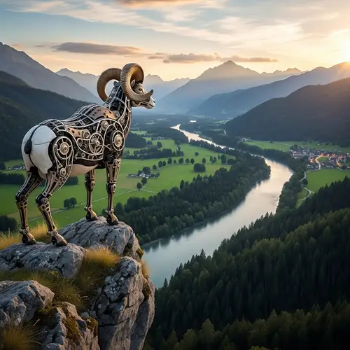 Realistic Mechanical Big Horn Sheep in Serene Landscape