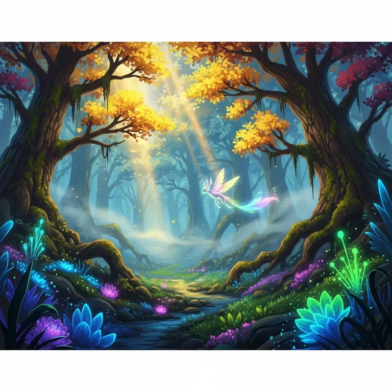 Enchanting Forest Scene with Glowing Fantasy Creature - Magical Beauty