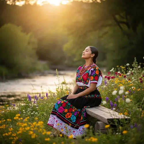 Hispanic Girl in Traditional Attire Embracing Nature's Peace